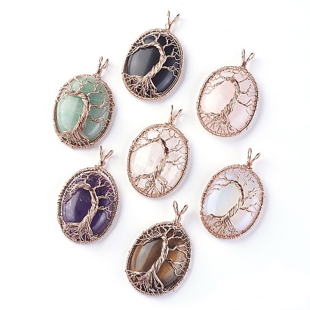 Honeyhandy Natural & Synthetic Mixed Stone Big Pendants, with Rose Gold Tone Brass Findings, Oval with Tree of Life, 56~58.5x35~36x12~13.8mm, Hole: 4.2~5.2x4.6~6mm