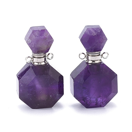 Honeyhandy Faceted Natural Amethyst Openable Perfume Bottle Pendants, with 304 Stainless Steel Findings, Stainless Steel Color, 34~36x20~22x12~13mm, Hole: 1.8mm, Bottle Capacity: 1ml(0.034 fl. oz)