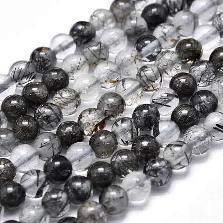 Honeyhandy Natural Tourmalinated Quartz/Black Rutilated Quartz Beads Strands, Round, 4~4.5mm, Hole: 0.5mm, about 102pcs/Strand, 15.35 inch(39cm)