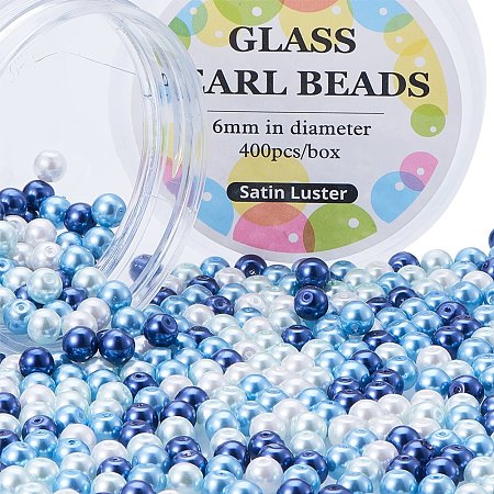 ARRICRAFT 1 Box(about 400pcs) 6mm Mixed Color Pearlized Glass Pearl Beads Hole: 0.7~1mm- Caribbean Blue Mix
