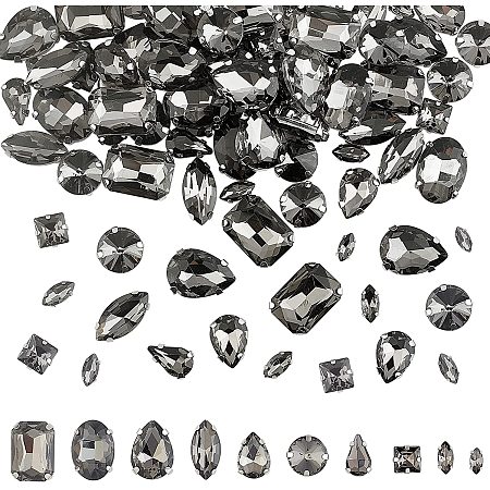 CHGCRAFT 100pcs Sew On Glass Rhinestones Crystals Rhinestones Mixed Shapes Metal Prong Setting Flatback Rhinestones Sewing Claw for Craft, Jewelry Making Light Black