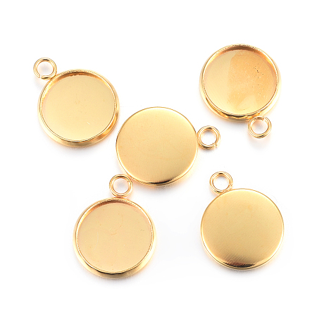 Honeyhandy Rack Plating 304 Stainless Steel Pendant Cabochon Settings, Plain Edge Bezel Cups, Flat Round, Real 24K Gold Plated, Tray: 12mm, 17.5x14x2mm, Hole: 2.2mm