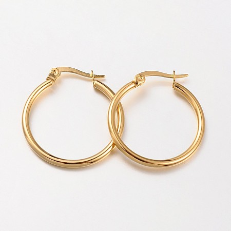 Honeyhandy 304 Stainless Steel Hoop Earrings, Hypoallergenic Earrings, Ring Shape, Real 18K Gold Plated, 23~25x2mm, 12 Gauge, Pin: 1x0.7mm