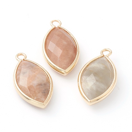 Honeyhandy Natural Sunstone Pendants, with Golden Brass Edge, Faceted, Horse Eye, 22x12x5.5mm, Hole: 1.8mm