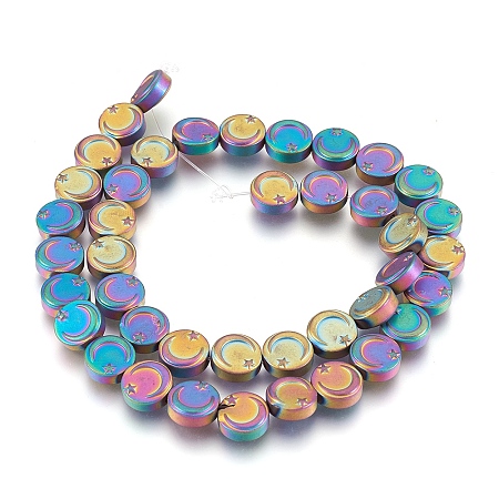 Arricraft Electroplate Non-magnetic Synthetic Hematite Bead Strands, Frosted, Flat Round with Moon & Star, Multi-color Plated, 9.5~10x4mm, Hole: 1mm; about 40~41pcs/strand, 15.3 inches~15.7 inches(39~40cm)