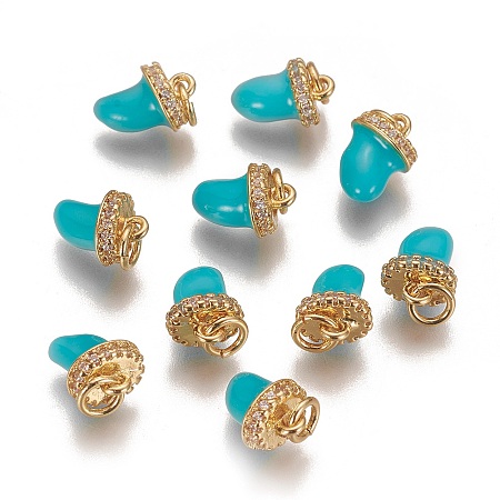 ARRICRAFT Cubic Zirconia Charms, with Enamel and Brass Findings, Long-Lasting Plated, Sword, Golden, Turquoise, 10.5x7~7.5x5.5~6mm, Hole: 3mm