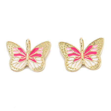 Brass Enamel Pendants, Real 18K Gold Plated, Long-Lasting Plated, Butterfly, Hot Pink, 16.5x22x5mm, Hole: 5x3mm
