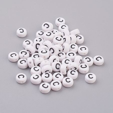 Honeyhandy Flat Round with Letter C Acrylic Beads, with Horizontal Hole, White & Black, Size: about 7mm in diameter, 4mm thick, hole: 1mm