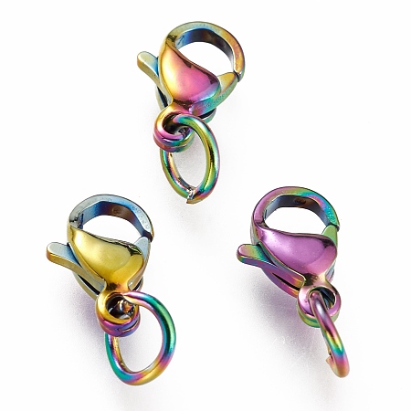 Honeyhandy Ion Plating(IP) 304 Stainless Steel Lobster Claw Clasps, With Jump Ring, Rainbow Color, 9x5.5x3.5mm, Hole: 3mm, Jump Ring: 5x0.6mm