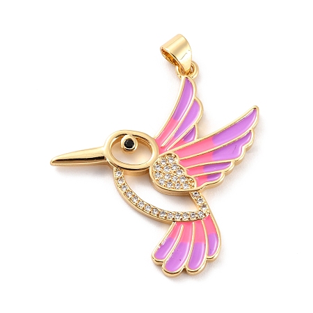 ARRICRAFT Brass Micro Pave Clear Cubic Zirconia Pendants, with Enamel, Long-Lasting Plated, Real 18K Gold Plated, Bird, Colorful, 33.5x31x2mm, Hole: 3x4mm
