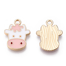 Honeyhandy Light Gold Plated Alloy Pendants, with Enamel, Dairy Cow, Pink, 19x14x2mm, Hole: 2mm