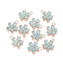 Alloy Enamel Pendants, with Crystal Rhinestone, Sakura Flower, Golden, Sky Blue, 17x14x2.5mm, Hole: 1.6mm