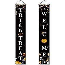 CREATCABIN Halloween Hanging Banner Welcome Trick Or Treat Pumpkin Skeleton Spider Web Door Decor Porch Sign Black for Indoor Outdoor Holiday Home Party Porch Wall Xmas 11.8 x 70.8inch