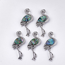 Honeyhandy Abalone Shell/Paua Shell Brooches/Pendants, with Resin Bottom and Alloy Findings, Flamingo Shape, Antique Silver, Colorful, 83.5x38x8~10mm, hole: 4x3mm, Pin: 0.7mm