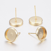 Honeyhandy 304 Stainless Steel Stud Earring Settings, Flat Round, Real 18k Gold Plated, Tray: 10mm, 12x2mm, Pin: 0.8mm