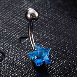 Honeyhandy Piercing Jewelry, Brass Cubic Zirciona Navel Ring, Belly Rings, with 304 Stainless Steel Bar, Lead Free & Cadmium Free, Star, Blue, 20mm, Star: 8mm, Bar: 15 Gauge(1.5mm), Bar Length: 3/8"(10mm)