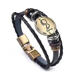 Honeyhandy Braided Leather Cord Retro Multi-strand Bracelets, with Wood Beads, Hematite Beads and Alloy Findings, Flat Round,  Antique Bronze, Gemini, 8-1/4 inch(21cm)