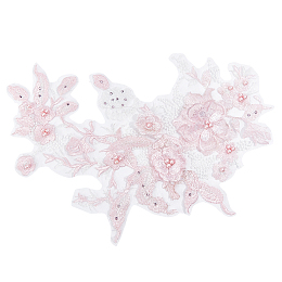 NBEADS 3D Flower Organgza Polyester Embroidery Ornament Accessories, Applique Patch, Sewing Craft Decoration, with Imitation Pearl Beads, Pink, 350x290x1.5~6mm