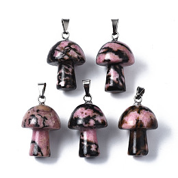 Honeyhandy Natural Rhodonite Pendants, with Stainless Steel Snap On Bails, Mushroom Shaped, 24~25x16mm, Hole: 5x3mm