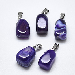 Honeyhandy Natural Banded Agate/Striped Agate Pendants, Dyed, with Stainless Steel Snap On Bails, Cuboid, Stainless Steel Color, Medium Slate Blue, 20~23x9~13x9~13mm, Hole: 3~4x7~8.5mm