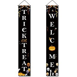 CREATCABIN Halloween Hanging Banner Welcome Trick Or Treat Pumpkin Skeleton Spider Web Door Decor Porch Sign Black for Indoor Outdoor Holiday Home Party Porch Wall Xmas 11.8 x 70.8inch