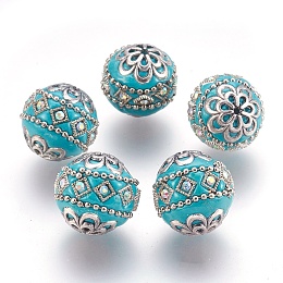 Honeyhandy Handmade Indonesia Beads, with Metal Findings, Round, Antique Silver, Dark Turquoise, 19.5x19mm, Hole: 1mm