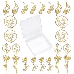 SUNNYCLUE 1 Box 24Pcs 6 Styles Flower Connector Charm Brass Leaf Linking Pendants Hollow Flat Round Leaves Links Connectors for DIY Jewelry Making Bracelets Crafts Supplies, Golden