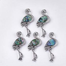 Honeyhandy Abalone Shell/Paua Shell Brooches/Pendants, with Resin Bottom and Alloy Findings, Flamingo Shape, Antique Silver, Colorful, 83.5x38x8~10mm, hole: 4x3mm, Pin: 0.7mm