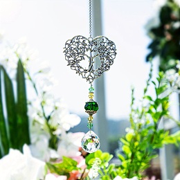 Honeyhandy Alloy Heart with Tree of Life Pendant Decorations, Hanging Suncatchers, with Glass Teardrop Charm, Dark Green, 350mm