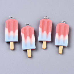 Honeyhandy Rainbow Resin Pendants, with Platinum Tone Iron Loop, Ice Cream, Light Coral, 41.5x14.5x5.5mm, Hole: 2mm