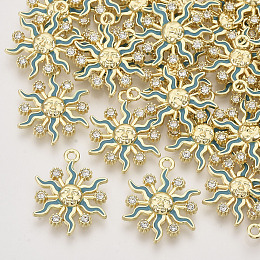 Honeyhandy Alloy Enamel Pendants, with Crystal Rhinestone, Light Gold, Sun, Dark Cyan, 24x18.5x3mm, Hole: 2mm