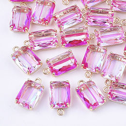 Honeyhandy Transparent Glass Pendants, with Brass Findings, Faceted, Rectangle, AB Color Plated, Light Gold, Deep Pink, 17.5x10x6.5mm, Hole: 1.6mm