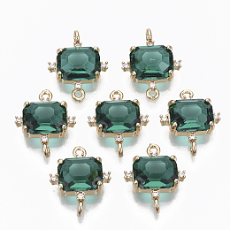 Honeyhandy Glass Links connectors, with Brass Micro Pave Cubic Zirconia, Faceted, Cuboid, Light Gold, Dark Green, 17.5x14x5.5mm, Hole: 1.2mm