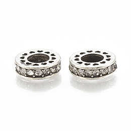 Honeyhandy Alloy European Beads, Large Hole Beads, with Rhinestone, Flat Round, Antique Silver, Crystal, 11x3.5mm, Hole: 5mm