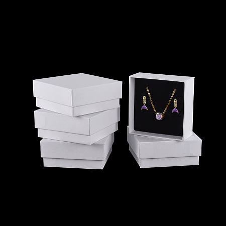 Honeyhandy Cardboard Jewelry Set Box, for Ring, Earring, Necklace, with Sponge Inside, Square, White, 7.6x7.6x3.2cm, Inner Size: 6.9x6.9cm, Without Lid Box: 7.2x7.2x3.1cm