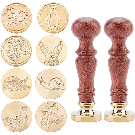 CRASPIRE 10PCS Wax Seal Stamp Set Penguin Crocodile Peacock Dragon Rabbit Snail Tiger Brass Stamp Heads 25mm with Universal Wooden Handles for Invitation Cards Gift Decoration