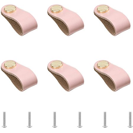 GORGECRAFT 6Pcs Leather Drawer Pull Nordic Wardrobe Cabinet Door Handle with Nut Screws for Cabinets Cupboards Wardrobe Dresser- 140x25mm, Pink