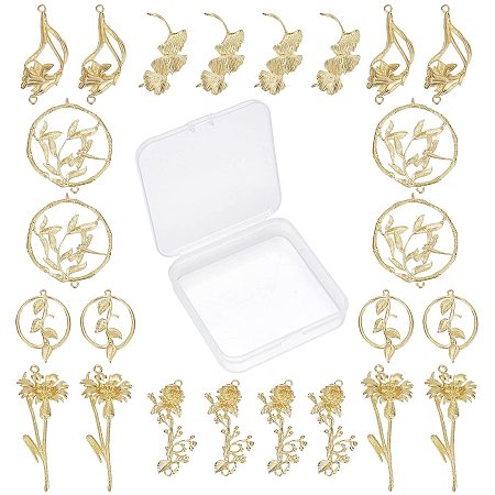 SUNNYCLUE 1 Box 24Pcs 6 Styles Flower Connector Charm Brass Leaf Linking Pendants Hollow Flat Round Leaves Links Connectors for DIY Jewelry Making Bracelets Crafts Supplies, Golden