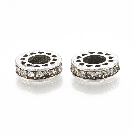 Honeyhandy Alloy European Beads, Large Hole Beads, with Rhinestone, Flat Round, Antique Silver, Crystal, 11x3.5mm, Hole: 5mm