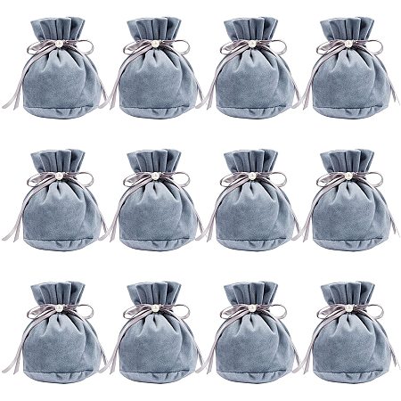 NBEADS 12 Pcs Velvet Bags, Drawstring Pouches Jewelry Storage Bags with Plastic Imitation Pearl for Christmas Wedding Birthday Party Favors, Steel Blue, 13.2x14cm