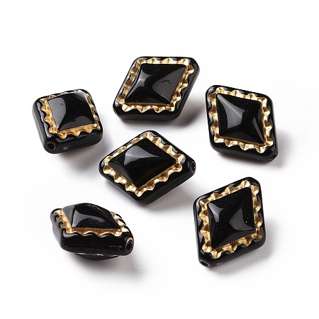Honeyhandy Plating Opaque Acrylic Beads, Golden Metal Enlaced, Rhombus, Black, 18x14x9~9.5mm, Hole: 1.5mm