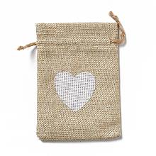 Honeyhandy Linen Pouches, Drawstring Bag, Rectangle with White Heart Pattern, Tan, 14x10x0.5cm