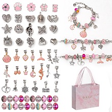 Honeyhandy DIY Alloy European Bracelets Making Kits, including Alloy and Resin European Beads, Alloy Enamel Dangle European Charms, Paper Box, Pink