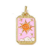 Honeyhandy Alloy Enamel Pendants, Rectangle, Tarot Pattern Charm, Golden, Pearl Pink, Sun Pattern, 26x14x2mm, Hole: 2x3mm