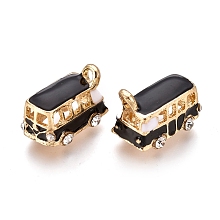 Honeyhandy Alloy Pendants, with Enamel and Crystal Rhinestone, Bus, Golden, Black, 18x11x13mm, Hole: 2.5mm