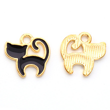 Honeyhandy Alloy Enamel Charms, Cat Shape, Light Gold, Black, 13x13x2mm, Hole: 1.8mm