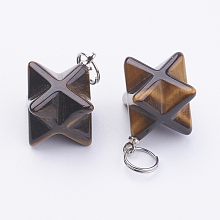 Honeyhandy Natural Tiger Eye Pendants, with 201 Stainless Steel Split Rings, Stainless Steel Color, Merkaba Star, 23~24x17~17.5x20mm, Hole: 6mm