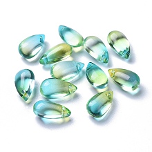 Honeyhandy Transparent Glass Charms, Dyed & Heated, Teardrop, Green Yellow, 13.5x8x5.5mm, Hole: 1mm