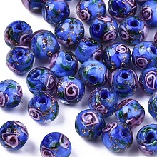 Honeyhandy Handmade Gold Sand Lampwork Beads, Inner Flower, Round, Blue, 8x7~8mm, Hole: 1.4mm