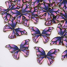 Honeyhandy Printed Alloy Pendants, with Enamel, Butterfly, Light Gold, Fuchsia, 15.5x22x2mm, Hole: 1.8mm